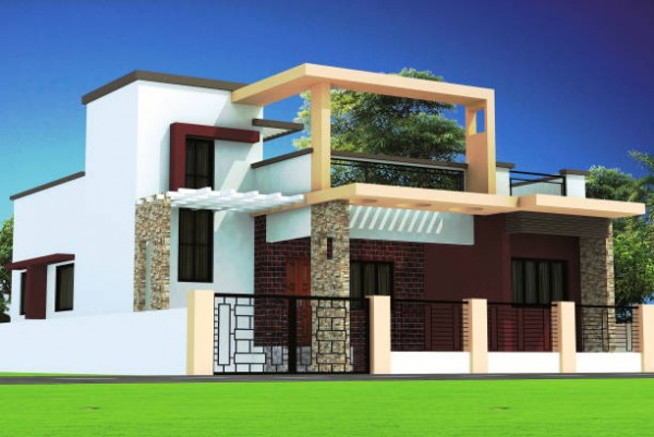 A 3D rendering of the exterior of a private house with modern architecture